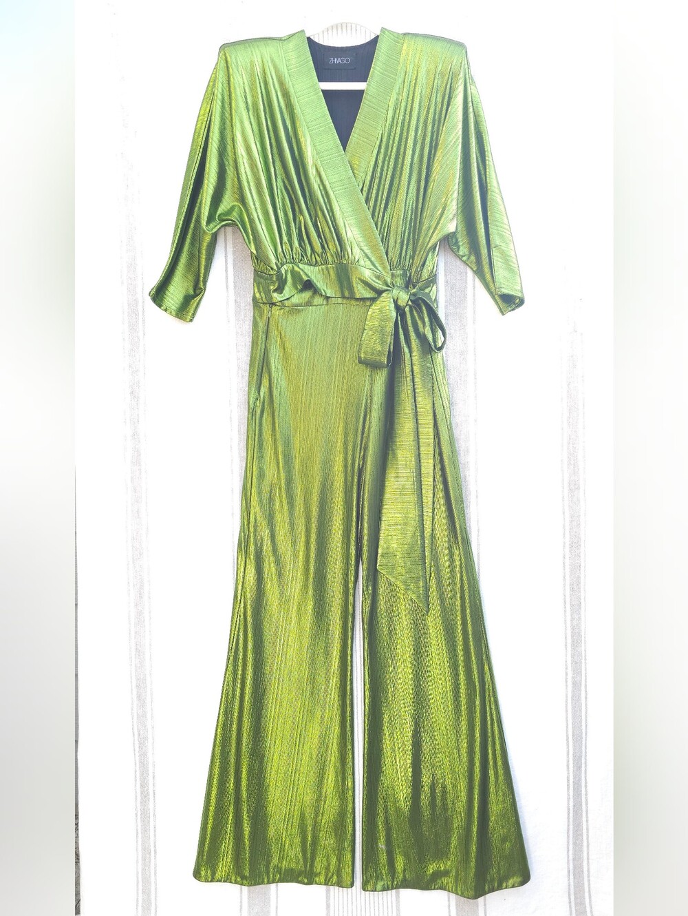 ZHIVAGO Picture This Jumpsuit Womens 10 Apple Green Metallic Wide Leg Disco